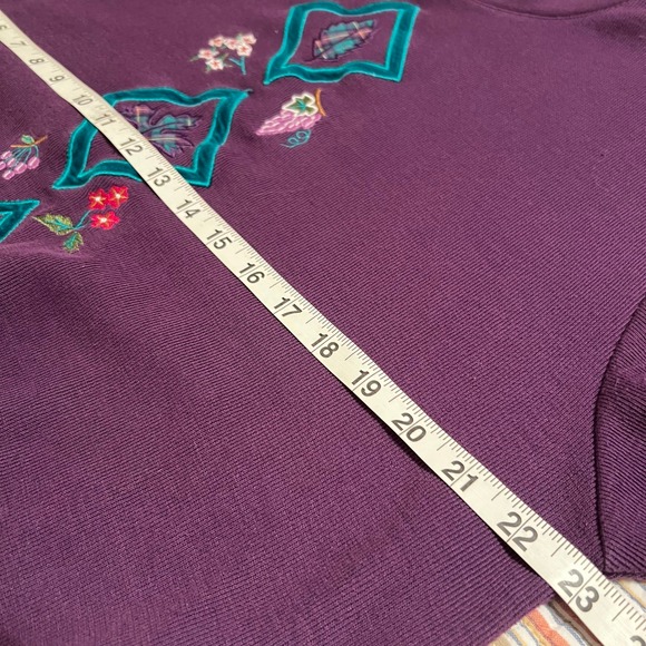 KORET Womens Purple Emerald Green Trim Embroidered‎ Leaf Floral Sweatshirt Large - Picture 6 of 6